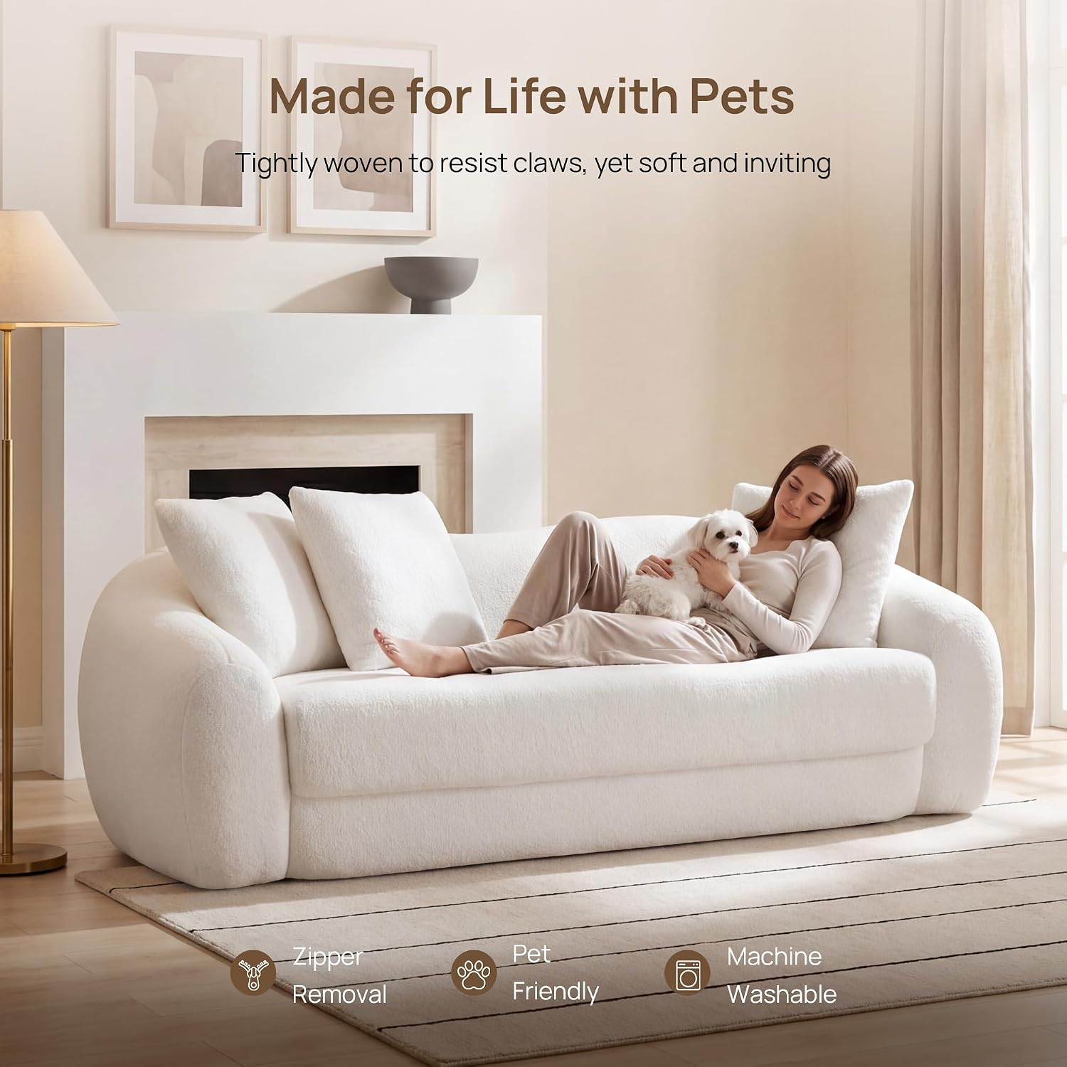 SICOTAS 90.6' Curved Convertible Sofa Couch Bed for Living Room Futon Cloud Boneless Sleeper Sofa Pull Out Floor Couch with Deep Seat Modern 3 Seater Foam Bed No Assembly for Bedroom Apartment, White