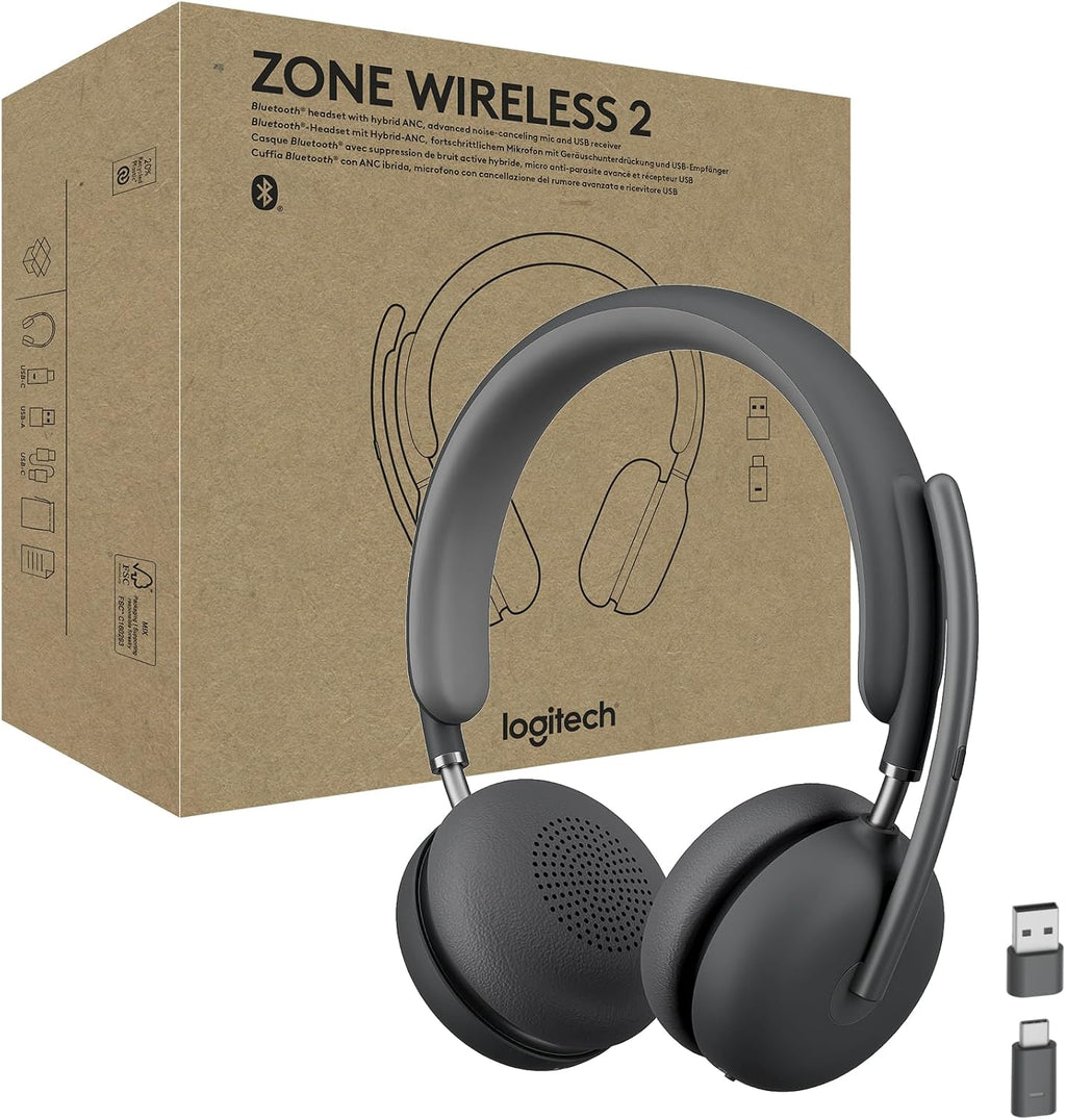 Logitech Zone Wireless 2 Premium Noise Canceling Headset with Hybrid ANC, Bluetooth, USB-C, USB-A, Certified for Microsoft Teams and Fast Pair, Engineered for Intel Evo laptops, Graphite