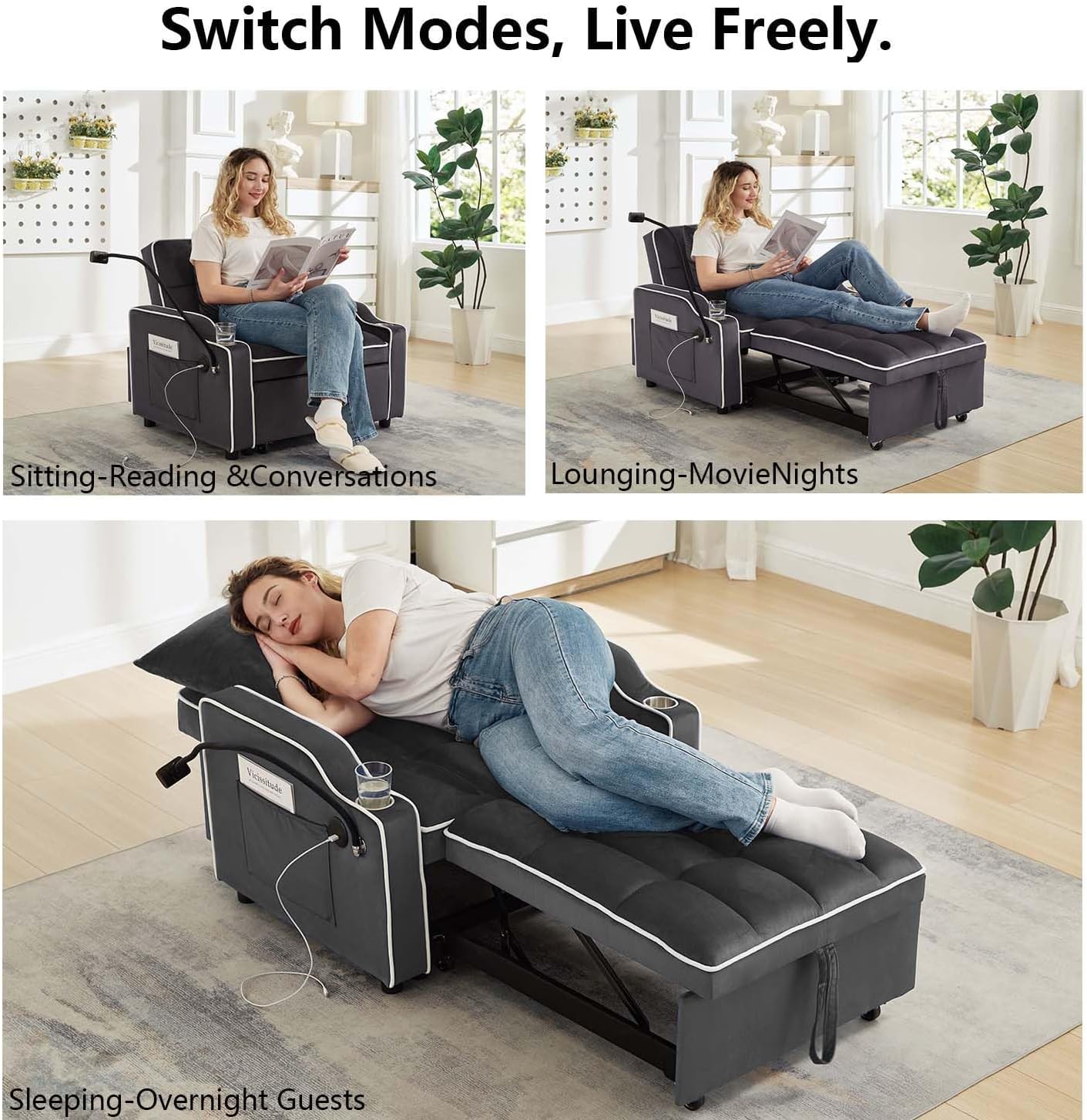 Convertible Sofa Bed, 3 in 1 Futon Sofa Bed with USB Charging Ports, Cup Holder, Phone Stand & Pocket, Modern Upholstered Sleeper Sofa for Living Room, Apartment or Small Space (Grey)