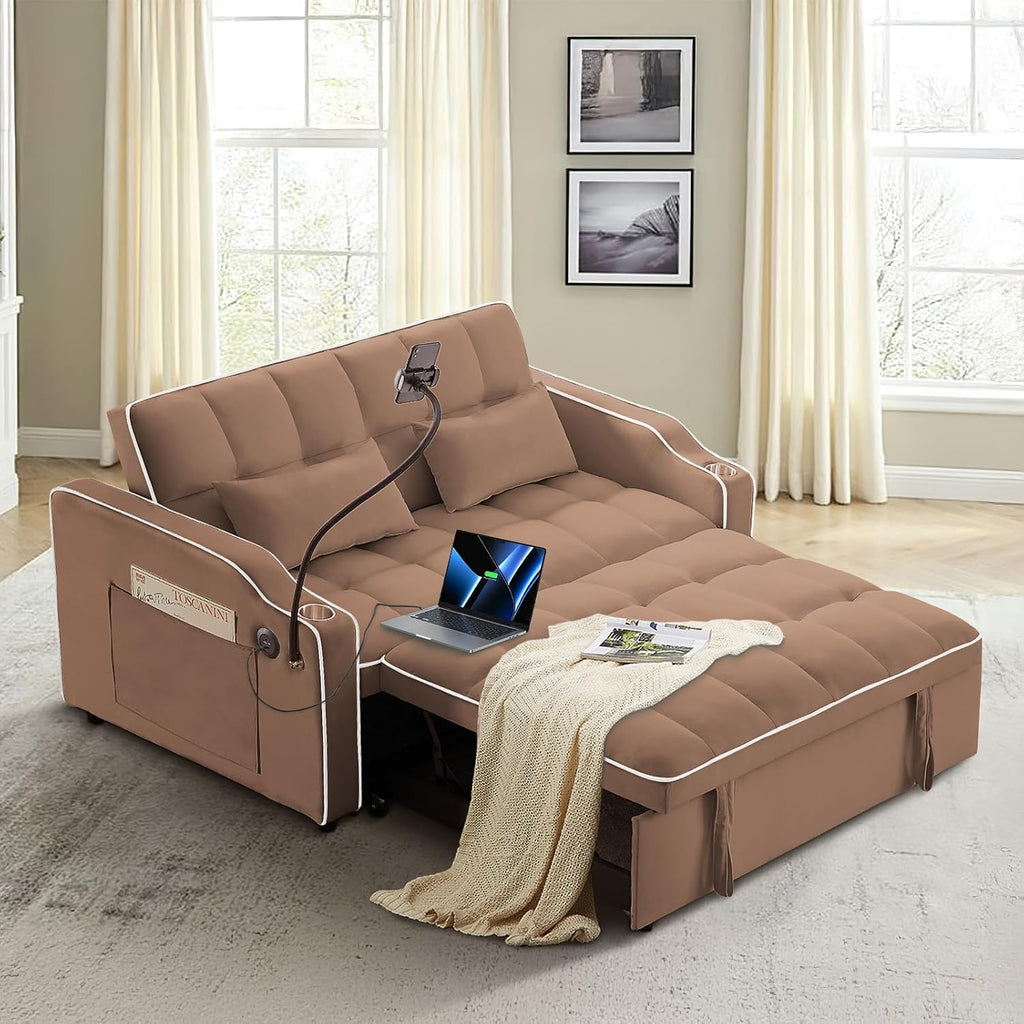 Sleeper Sofa Couch Bed with Phone Holder, Modern 3-in-1 Convertible Velvet Pull Out Loveseat Futon Sofa with USB & Type C Port & Cup Holder for Living Room Bedroom Office