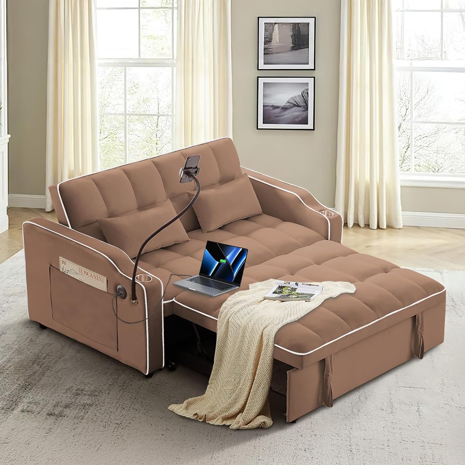 Sleeper Sofa Couch Bed with Phone Holder, Modern 3-in-1 Convertible Velvet Pull Out Loveseat Futon Sofa with USB & Type C Port & Cup Holder for Living Room Bedroom Office
