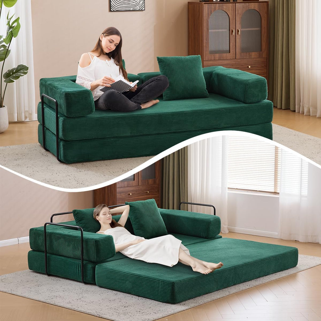 4-in-1 Convertible Folding Sleeper Sofa Bed, Fold Out Floor Sofa Couch with Fixed-Shape Frame, Cloud Corduroy Foldable Mattress Couch for Living Room Bedroom (78.5' Corduroy, Dark Green)