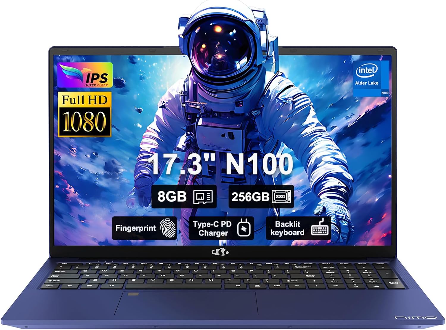 NIMO 17.3' FHD IPS Student-Laptop-Computer - 8GB RAM 256GB SSD Intel Pentium N100(Beat to i3-1115G4, 4 Cores Up to 3.4GHz), 65W Type-C, 2 Years Warranty, Fingerprint, Backlit Keyboard, Wi-Fi 6, BT5.2
