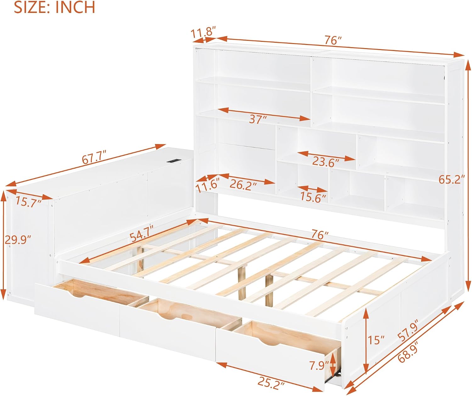 LUMISOL Corner Full Bed Frame with Storage Drawers, Built-in Desk with USB Ports & Shelves, Wooden Daybed Sofa Bed with LED Bookcase for Bedroom Living Room, White