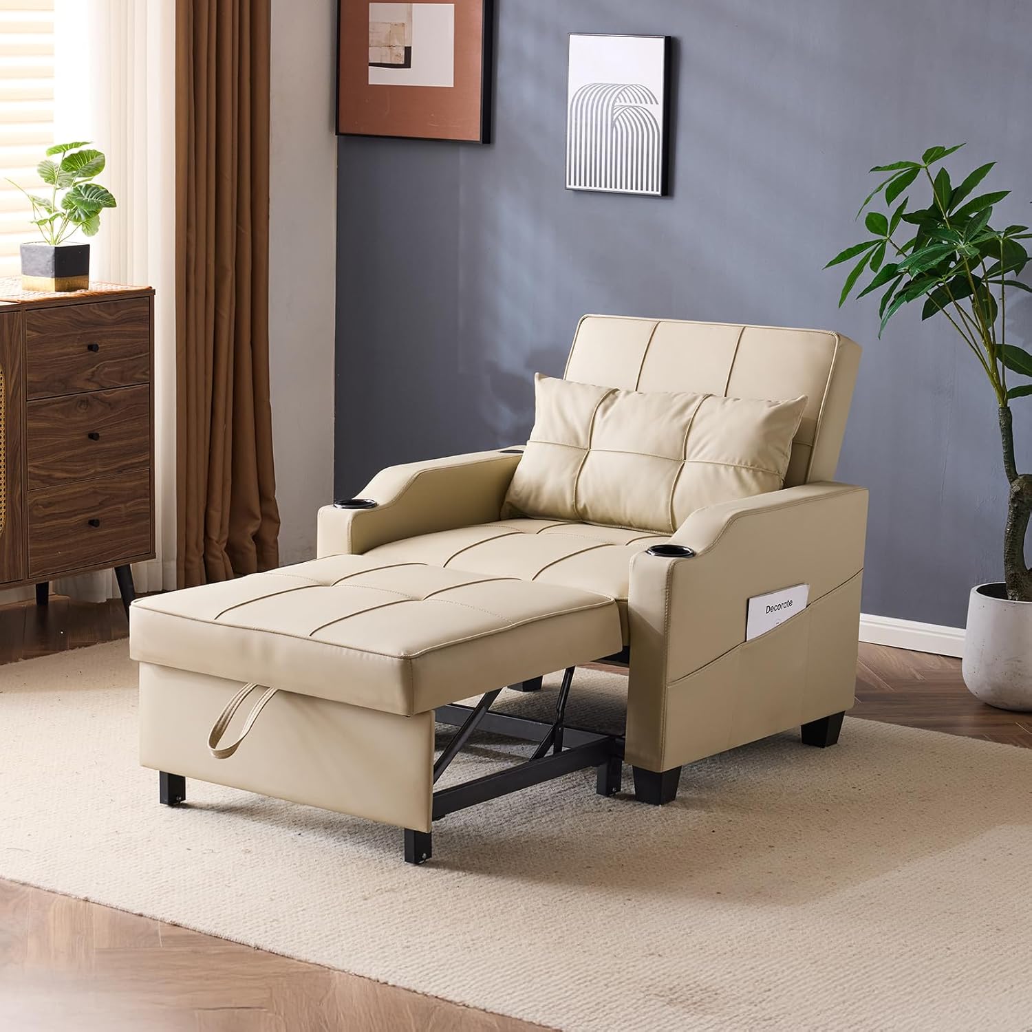 VINGLI Sofa Bed Chair Recliner, 3-in-1 Convertible Sleeper Sofa Chair Bed Beige Daybed Pull Out Couch Bed with Adjustable Backrest, USB Ports, Cup Holders for Small Spaces Living Room