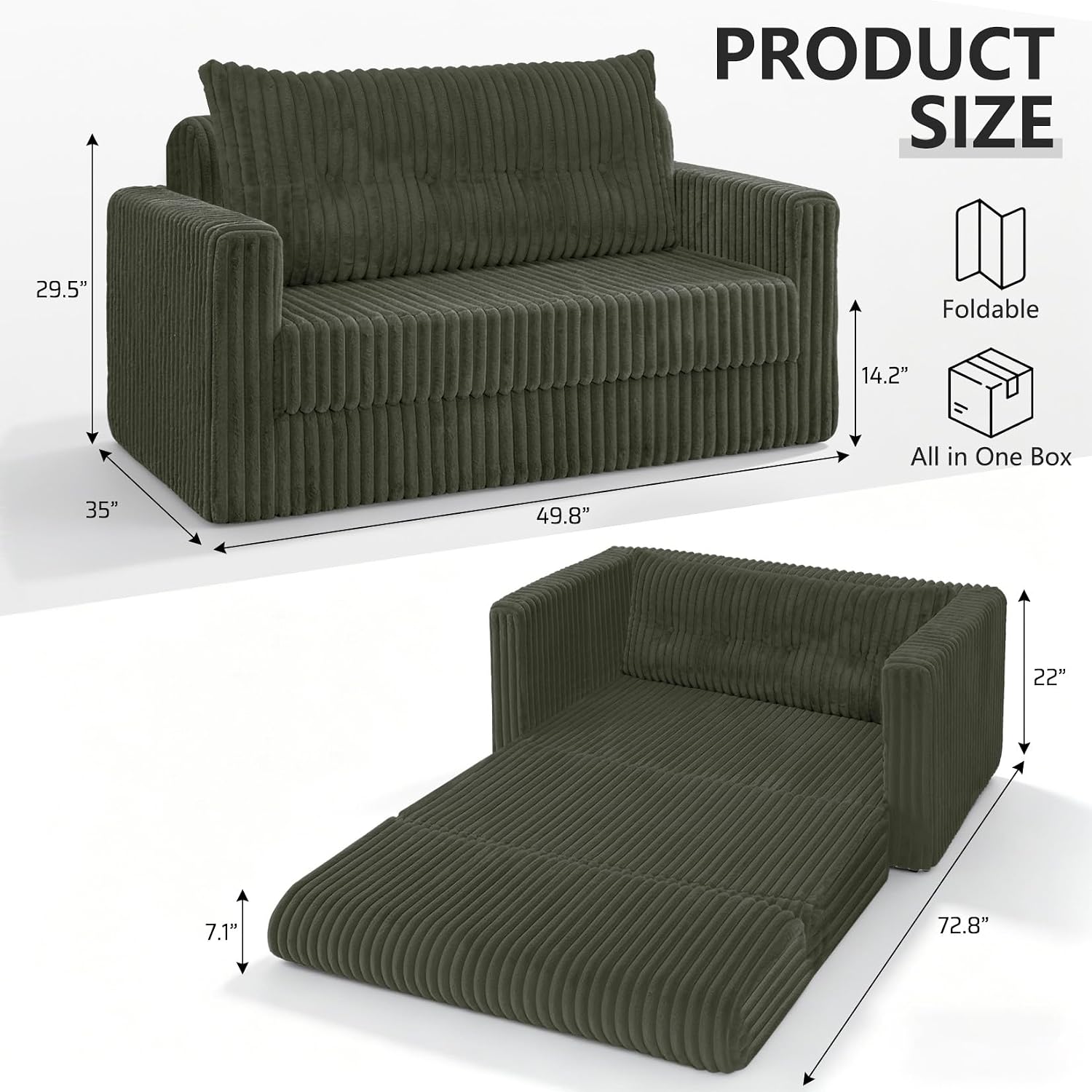 HABUTWAY Folding Sofa Bed, 2 in 1 Convertible Sleeper Chair with Pillow, Portable Fold Out Chair Bed with Armrest, Comfy Floor Couch, Lazy Sofa for Living Room Bedroom Dorm Home Office, Green