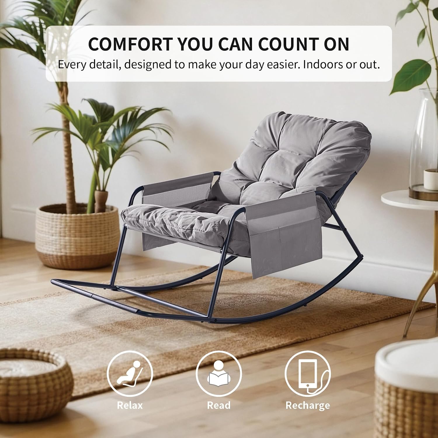 Outdoor Rocking Chair, Modern Cozy Lounge Patio Rocker, Indoor Reading Chair with Side Pockets, Anti-Slip Base for Bedroom, Living Room, Porch, Garden, Lawn