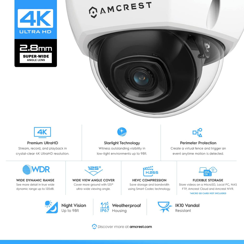 Amcrest 4K 8CH Security Camera System w/ 4K (8MP) NVR, (4) x 8-Megapixel IP67 Weatherproof Metal Dome POE IP Cameras (3840x2160),Pre-Installed 2TB Hard Drive, NV4108E-HS-IP8M-2493EW4-2TB (White)