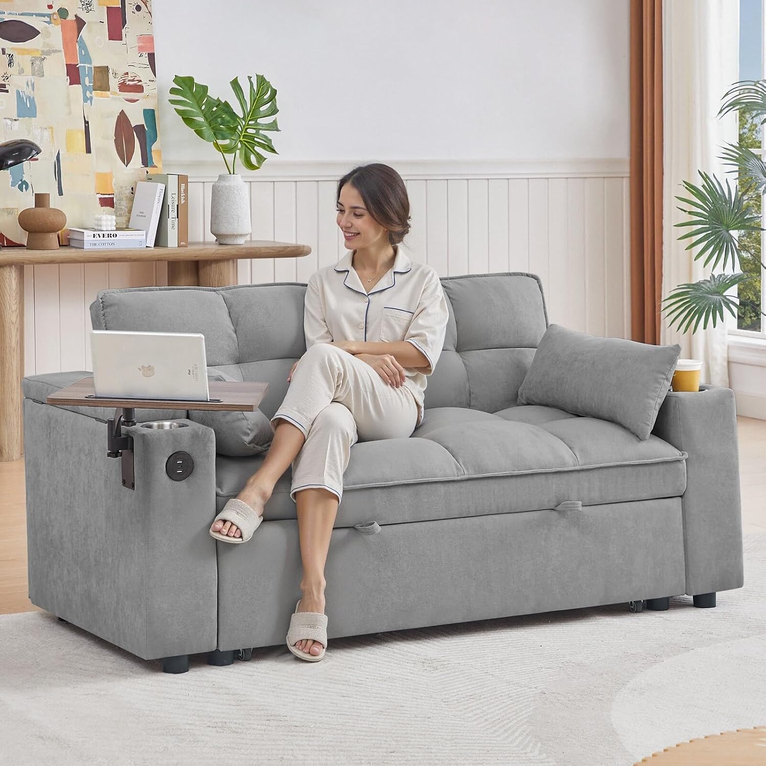 hansones 65'' Convertible Sofa Bed 3-in-1 Pull Out Couch, Folding Sleeper Sofa with 360° Swivel Side Table, Modern Chenille Fabric Futon, Small Space Living Room Furniture, Easy Assembly