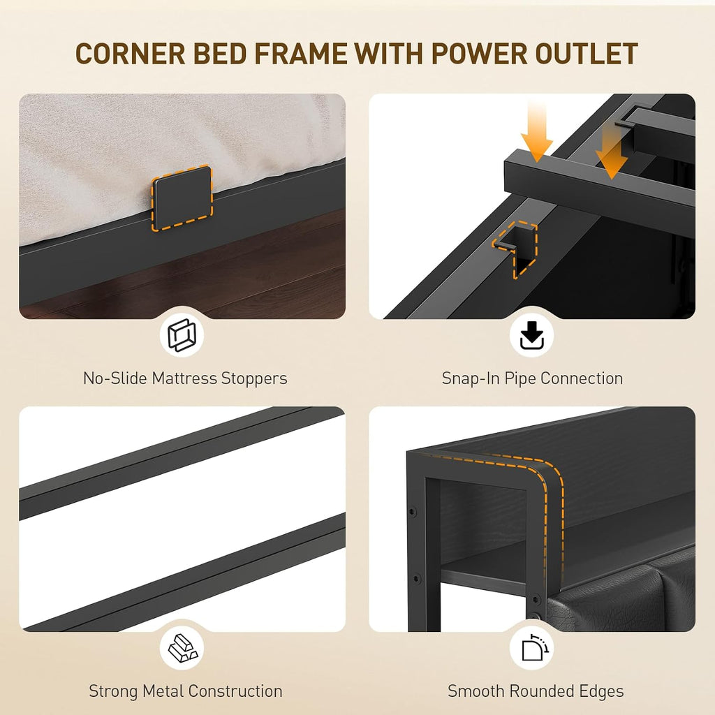 RALGEND Corner Bed Frame with Bookcase Storage and PU Upholstered, Twin Daybed with 2 Drawers and Charging Station, Metal Platform Bed Fram for Living Room, Bedroom, Guest Room, Black
