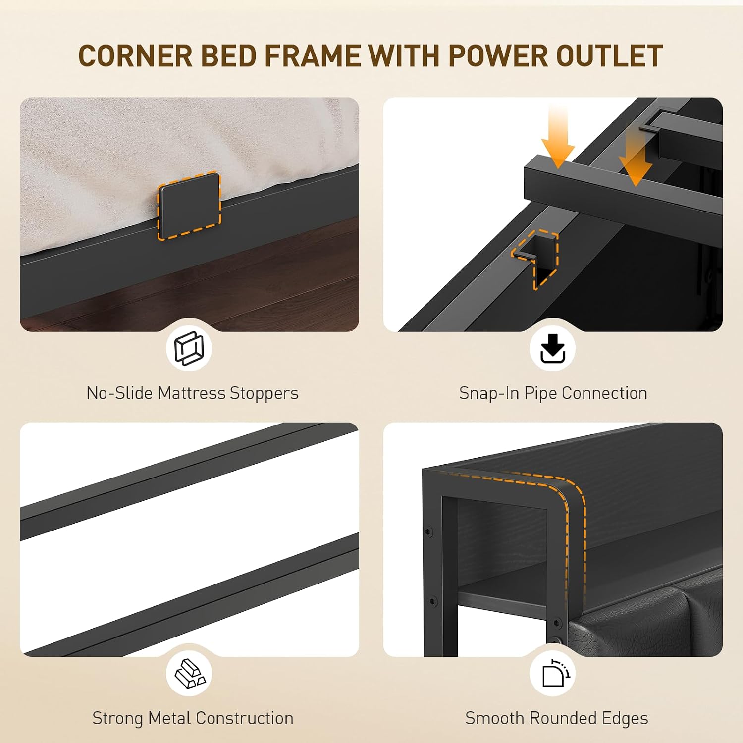 RALGEND Corner Bed Frame with Bookcase Storage and PU Upholstered, Twin Daybed with 2 Drawers and Charging Station, Metal Platform Bed Fram for Living Room, Bedroom, Guest Room, Black