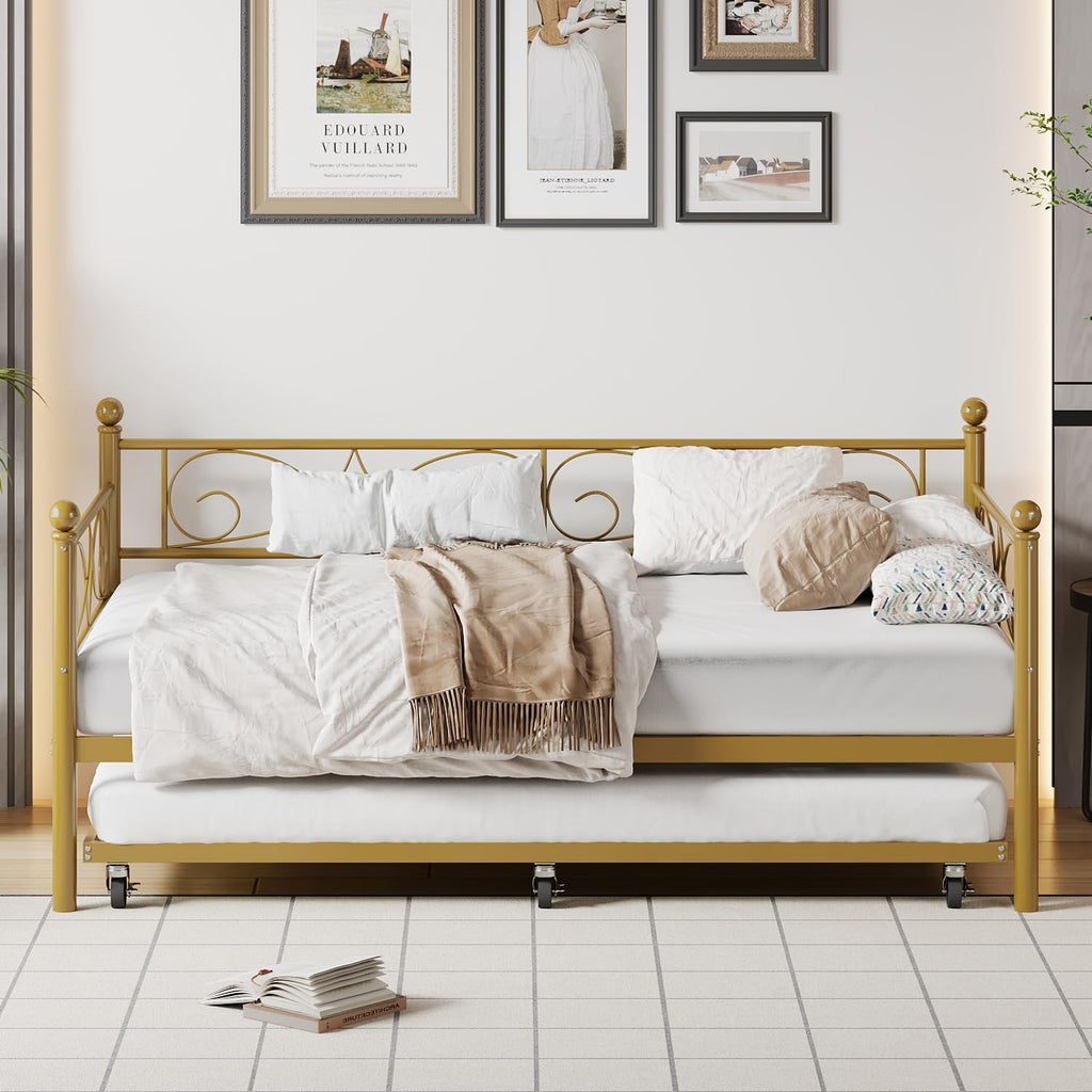 IDEALHOUSE Twin Daybed with Trundle, Metal Trundle Bed, Sofa Bed Frame, Heavy Duty Metal Slats, for Living Room, Bedroom, Guest Room, Space Saving, Gold