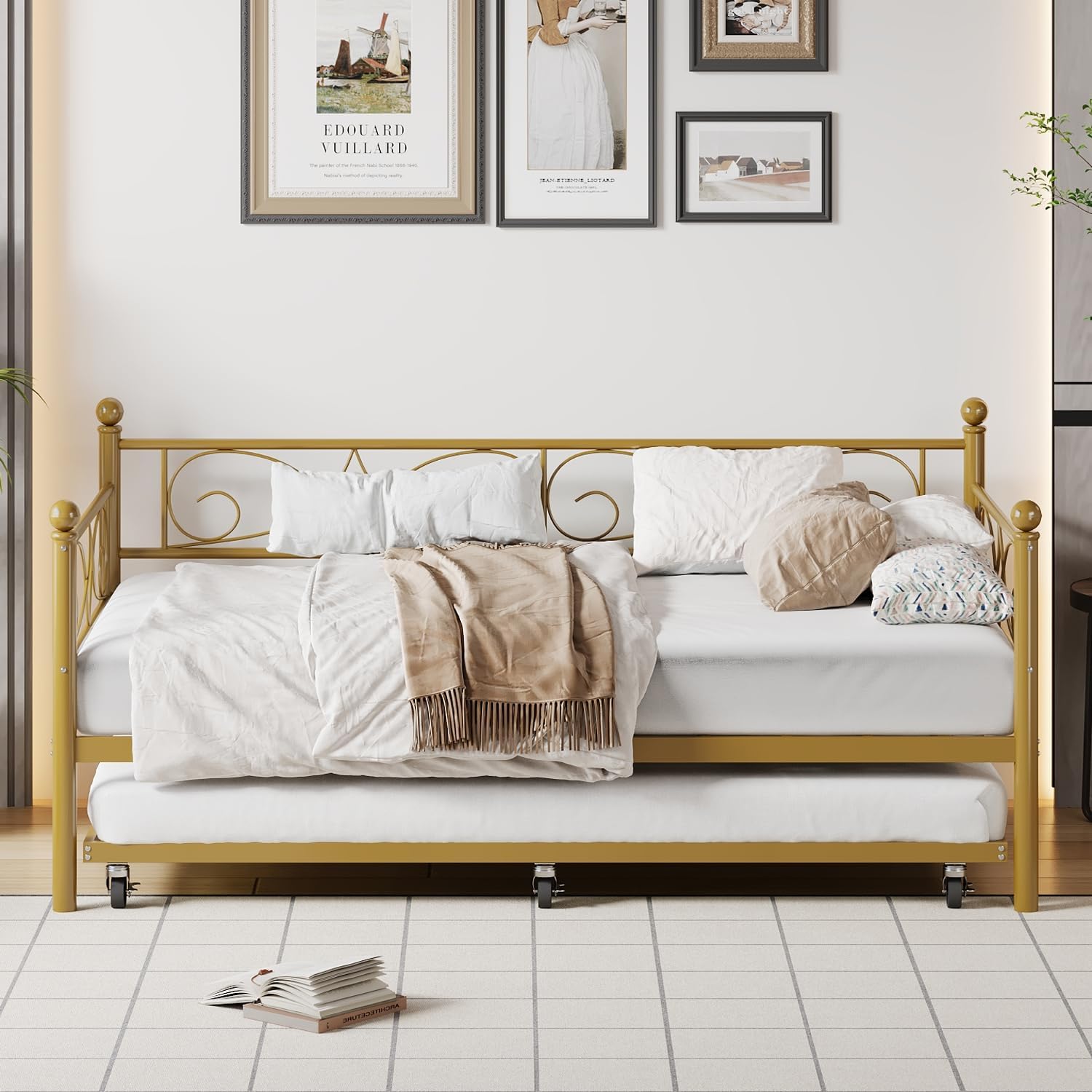 IDEALHOUSE Twin Daybed with Trundle, Metal Trundle Bed, Sofa Bed Frame, Heavy Duty Metal Slats, for Living Room, Bedroom, Guest Room, Space Saving, Gold