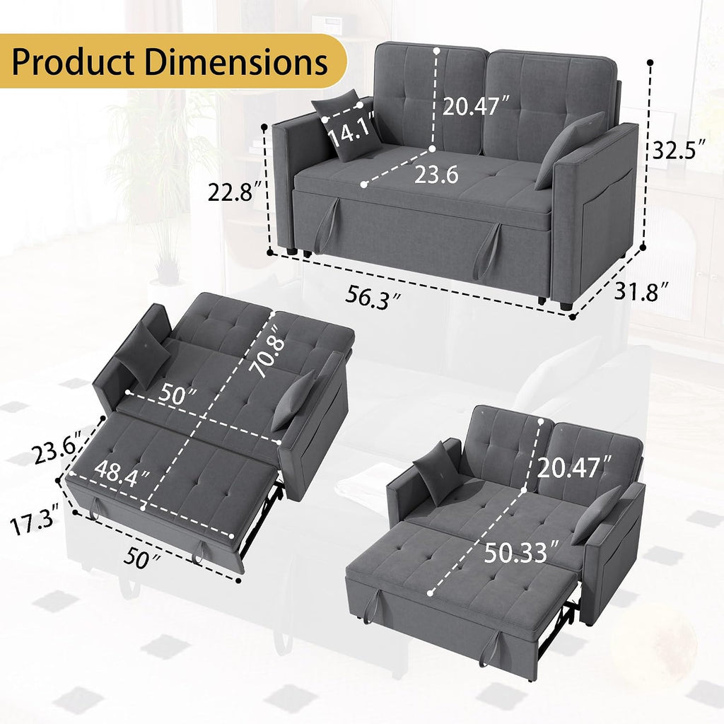 Grey Convertible Sofa Bed: 3 in 1 Sleeper Sofa Couch Bed, Pull Out Couch with Adjustable Backrest, Velvet Convertible Loveseat Sleeper, for Living Room (Grey)