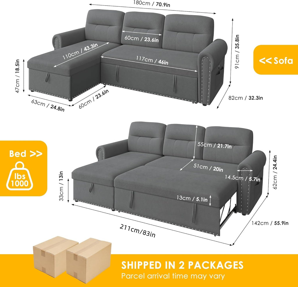 Sleeper Sofa Bed, 83'' Sectional Couch with Reversible Storage Chaise & Nailhead Armrest, Pull Out Couches for Living Room, Side Pocket & Charging Station, Removable Backrest, Velvet Fabric, Dark Grey