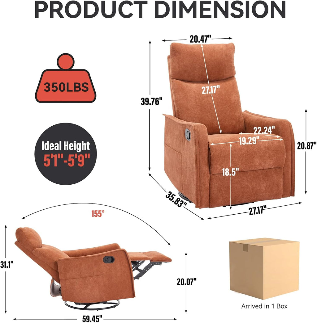 Massage Chair Recliner with Heat, 360° Swivel Glider Rocker with Reclining Backrest and Footrest, Manual Lazy Boy Recliners for Adults, Modern Nursery Rocking Chairs (Orange)