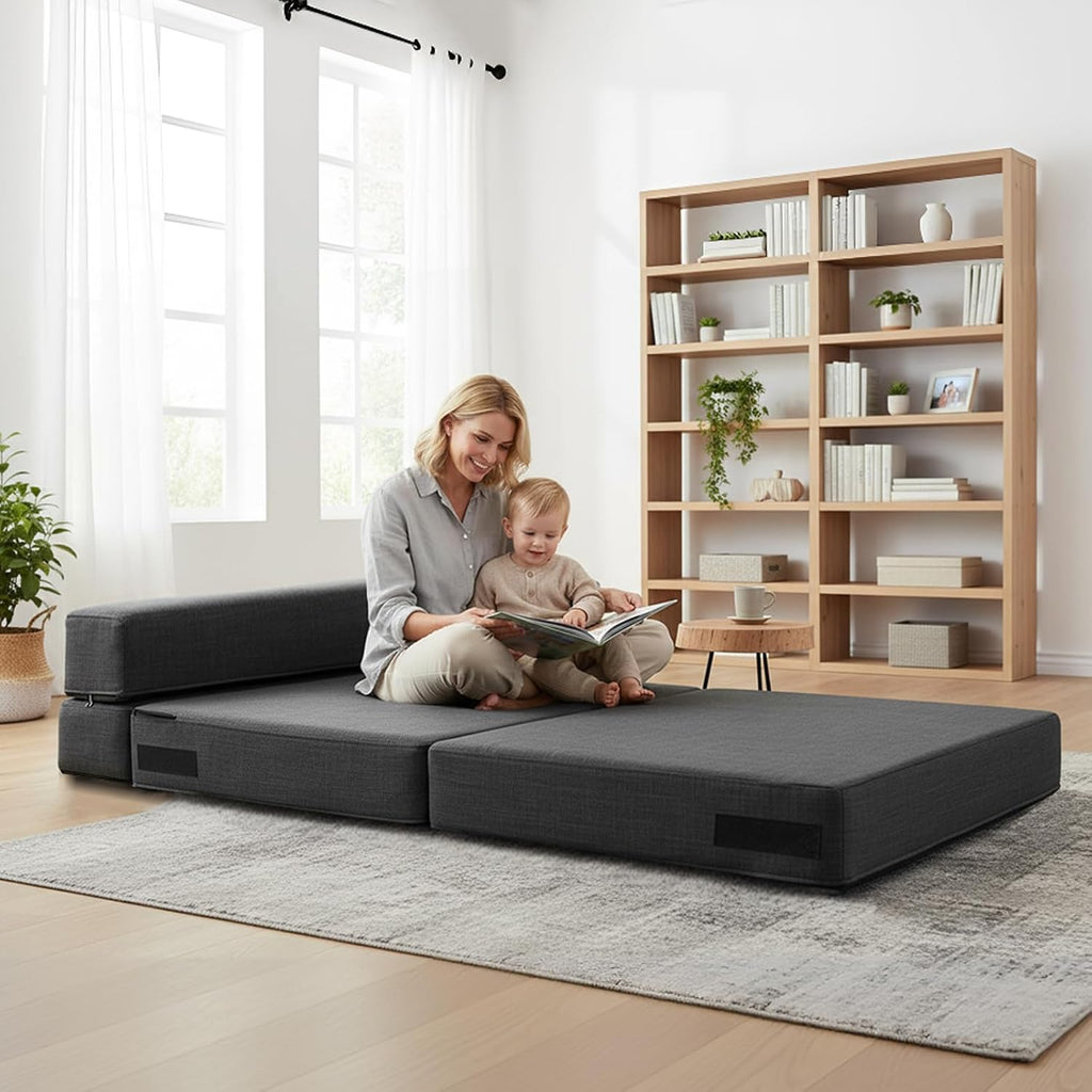 ANONER Folding Sleeper Chair Sofa Bed with Pillow, Memory Foam Fold Out Chair Bed and Futon Floor Couch, Twin Size, Dark Gray