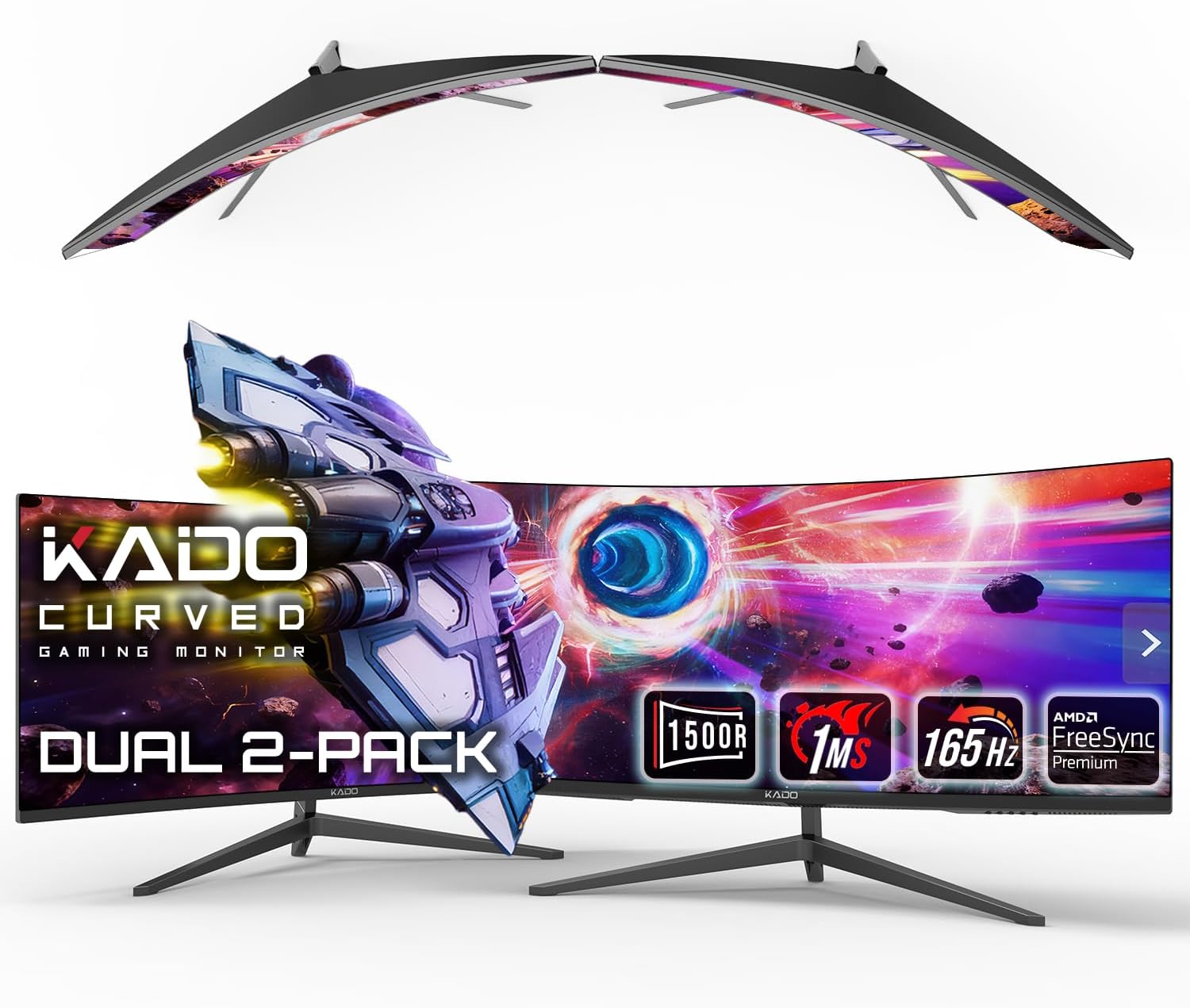 Kado Dual Gaming Monitor Setup - 2-Pack 34' Curved 1500R 165Hz 1ms Ultrawide 21:9 3440x1440 WQHD Computer Monitor, Stacked Gaming AMD FreeSync Premium, VESA Mount HDMI DisplayPort Built-in Speakers