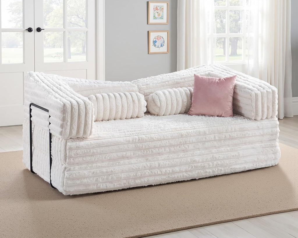 VanAcc Futon Sofa Bed, Convertible Futon Couch with Plush Faux Fur, No Assembly Mattress Futon Sofa for Living Room, Apartment, Bedroom, White