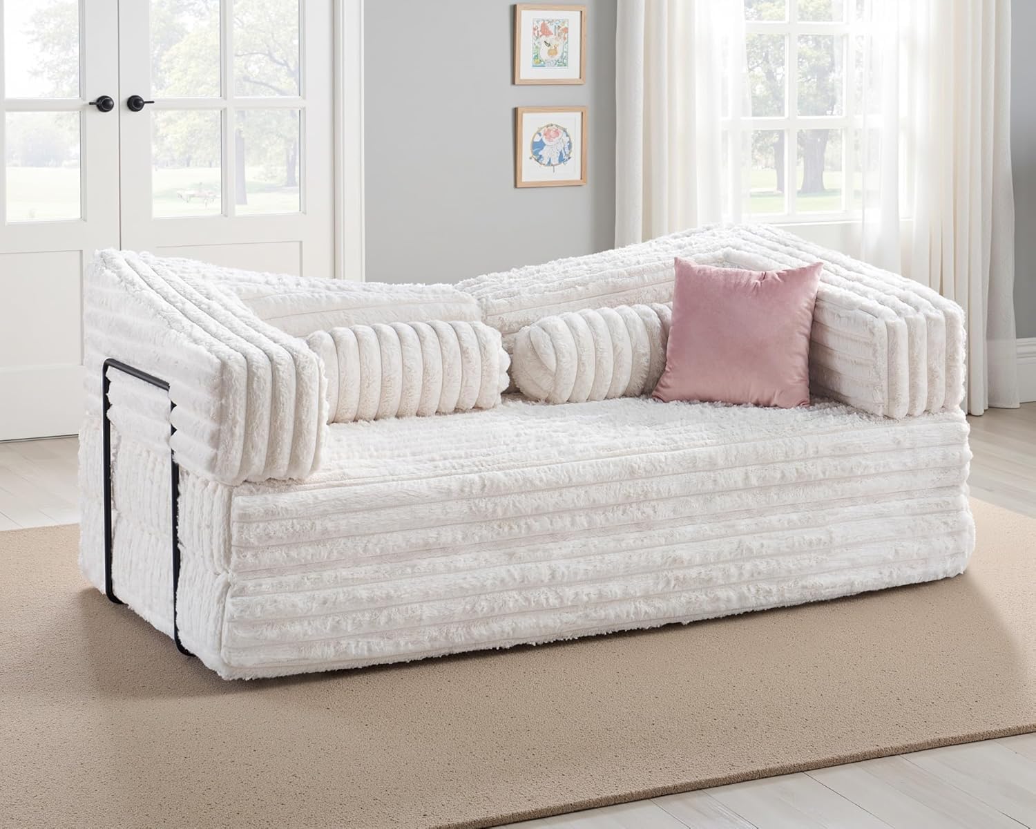 VanAcc Futon Sofa Bed, Convertible Futon Couch with Plush Faux Fur, No Assembly Mattress Futon Sofa for Living Room, Apartment, Bedroom, White