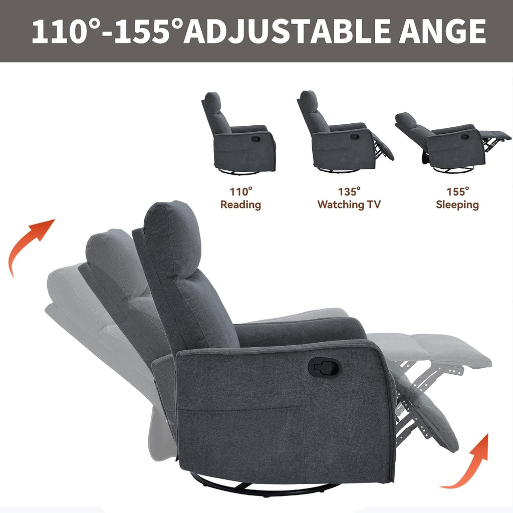 Massage Chair Recliner with Heat, 360° Swivel Glider Rocker with Reclining Backrest and Footrest, Manual Lazy Boy Recliners for Adults, Modern Nursery Rocking Chairs (Dark Grey)