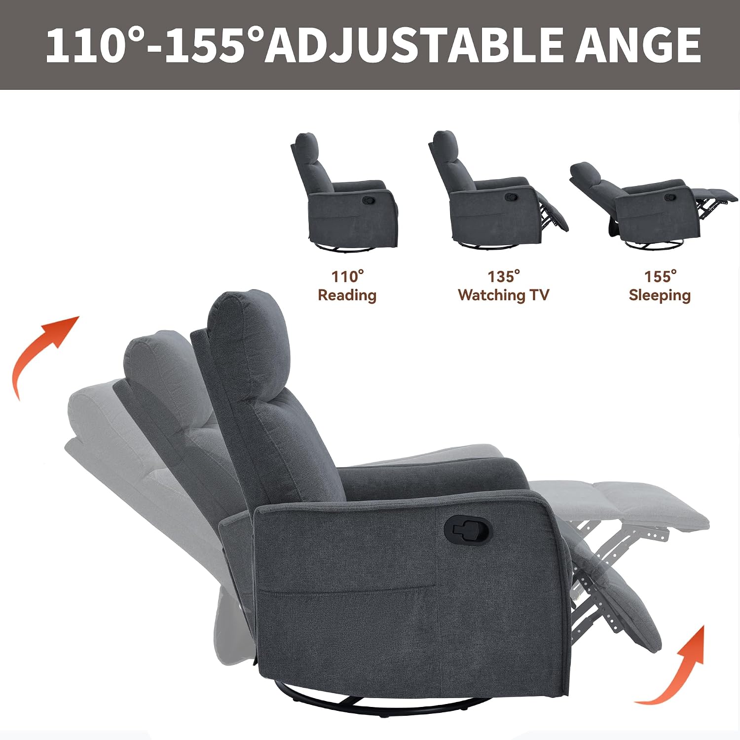Massage Chair Recliner with Heat, 360° Swivel Glider Rocker with Reclining Backrest and Footrest, Manual Lazy Boy Recliners for Adults, Modern Nursery Rocking Chairs (Dark Grey)