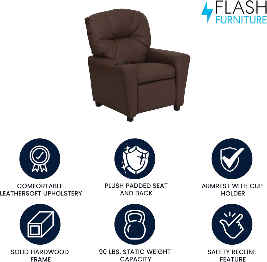 Flash Furniture Chandler LeatherSoft Kids Recliner with Cup Holder and Safety Recline, Contemporary Reclining Chair for Kids, Supports up to 90 lbs., Brown
