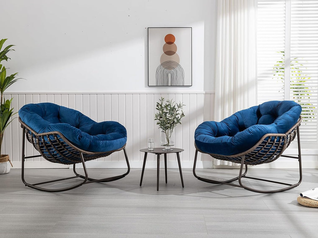 Outdoor Rocking Chair Set of 2, Patio Oversized Rattan Egg Rocking Chair, Indoor Outside Padded Cushion Rocker Recliner Chair, Modern Lounge Chair for Front Porch, Garden, Backyard, Balcony, Navy Blue
