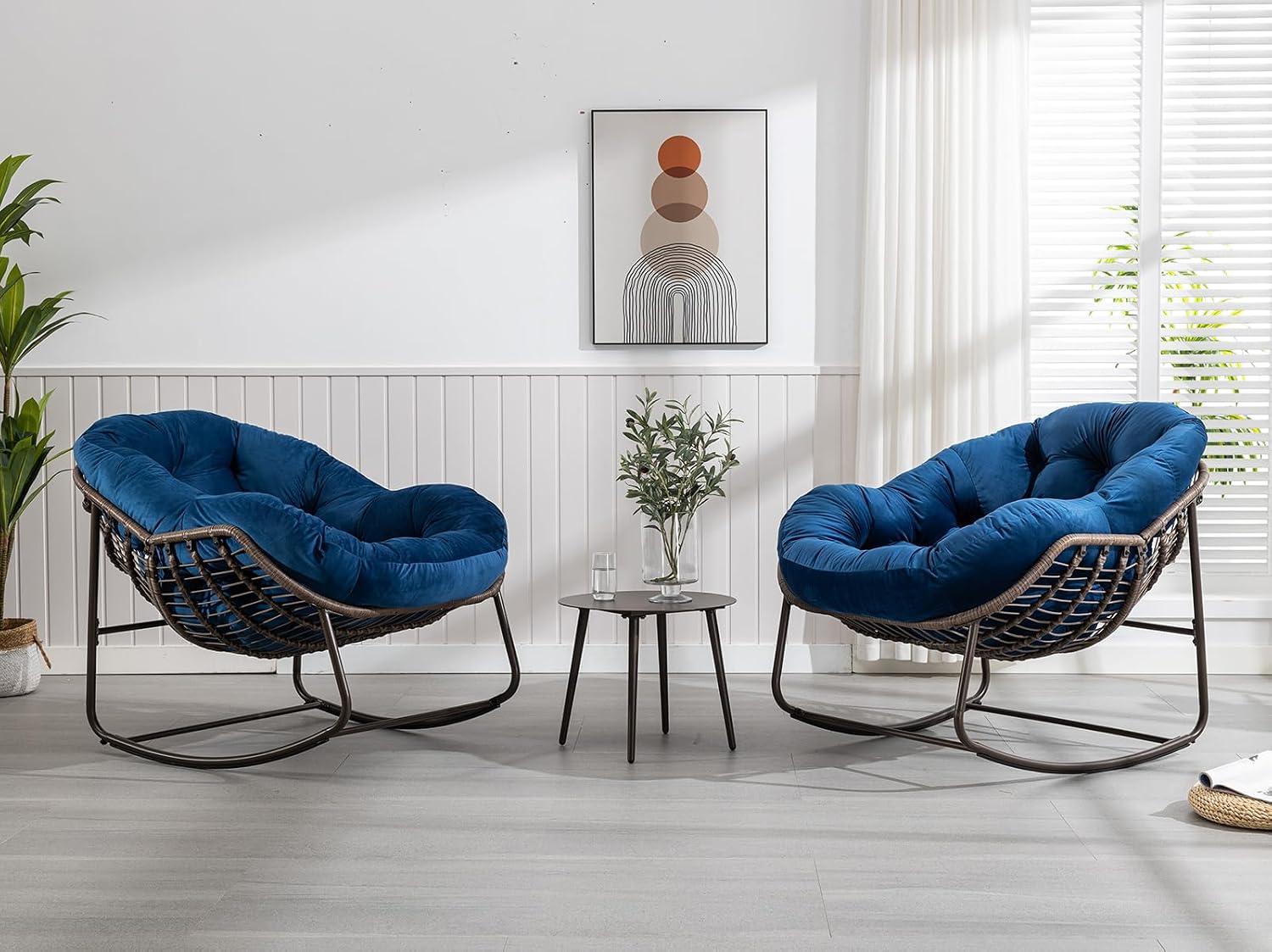 Outdoor Rocking Chair Set of 2, Patio Oversized Rattan Egg Rocking Chair, Indoor Outside Padded Cushion Rocker Recliner Chair, Modern Lounge Chair for Front Porch, Garden, Backyard, Balcony, Navy Blue