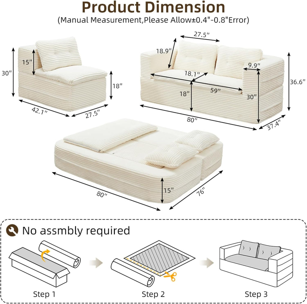 80-inch Folding futon Sofa Bed, Full-Size Convertible Sleeper Couch Bed, Memory Sponge Double Sofa with Comfortable Mattress, Suitable for Living Room (Beige Sofa Set, 80'' inches+blanket)