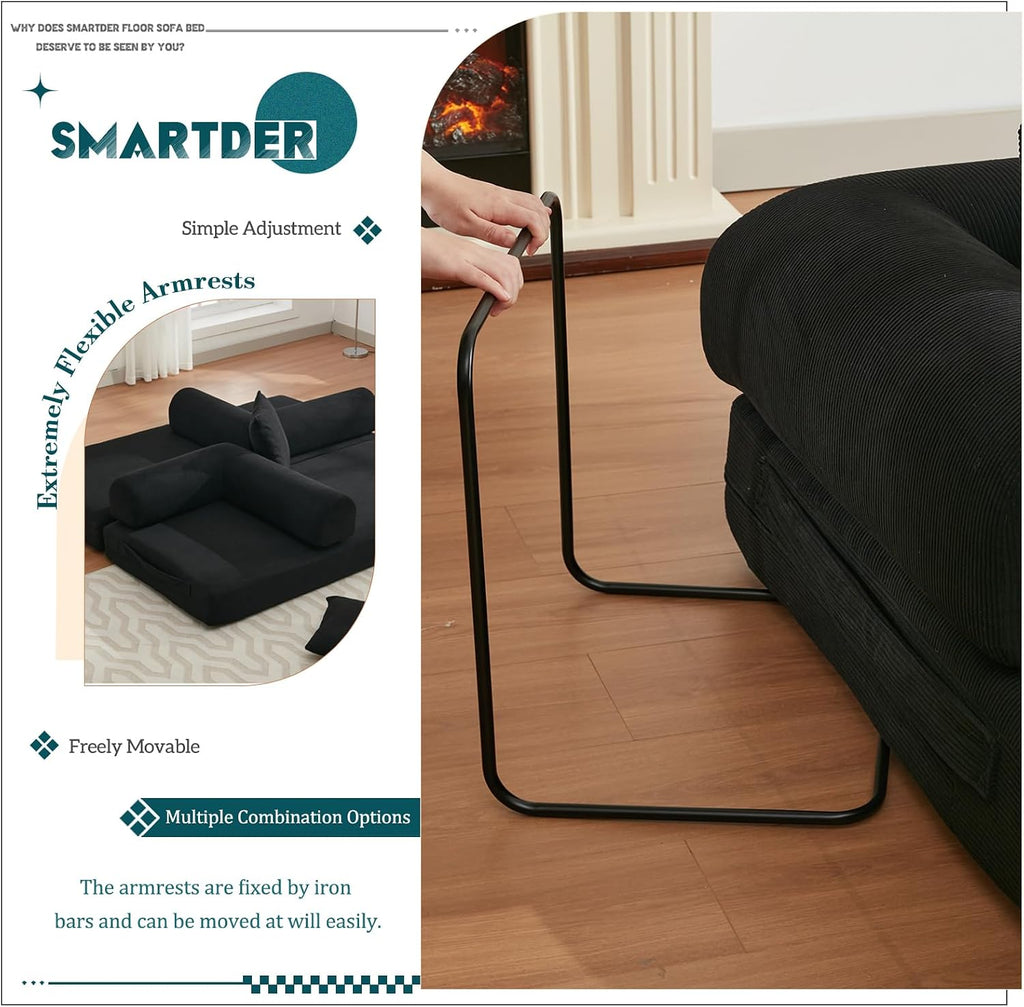 Convertible Folding Sofa Bed, Modular Floor Sofa with Removable Backrest, 3-Seater Fold Out Couch Bed with Pillows, King Size Futon Lazy Couch Corduroy Sleeper for Living Room, Dorm, Black