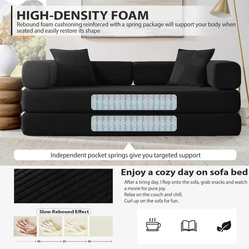HANXIN 78 Inch Convertible Sleeper Sofa Bed, Folding Floor Mattress Couch with Fixed-Shape Frame, Futon Boneless Couch Lounge Loveseat with Pull Out Bed, No Assembly Required (Black)