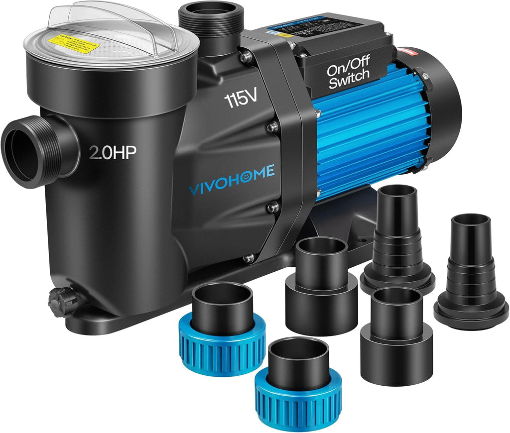 VIVOHOME Self Primming in/Above Ground Swimming Pool Pump w 1.25'' & 1.5' & 2.0'' Unions Energy Saving w/Strainer Baske, 6950 GPH