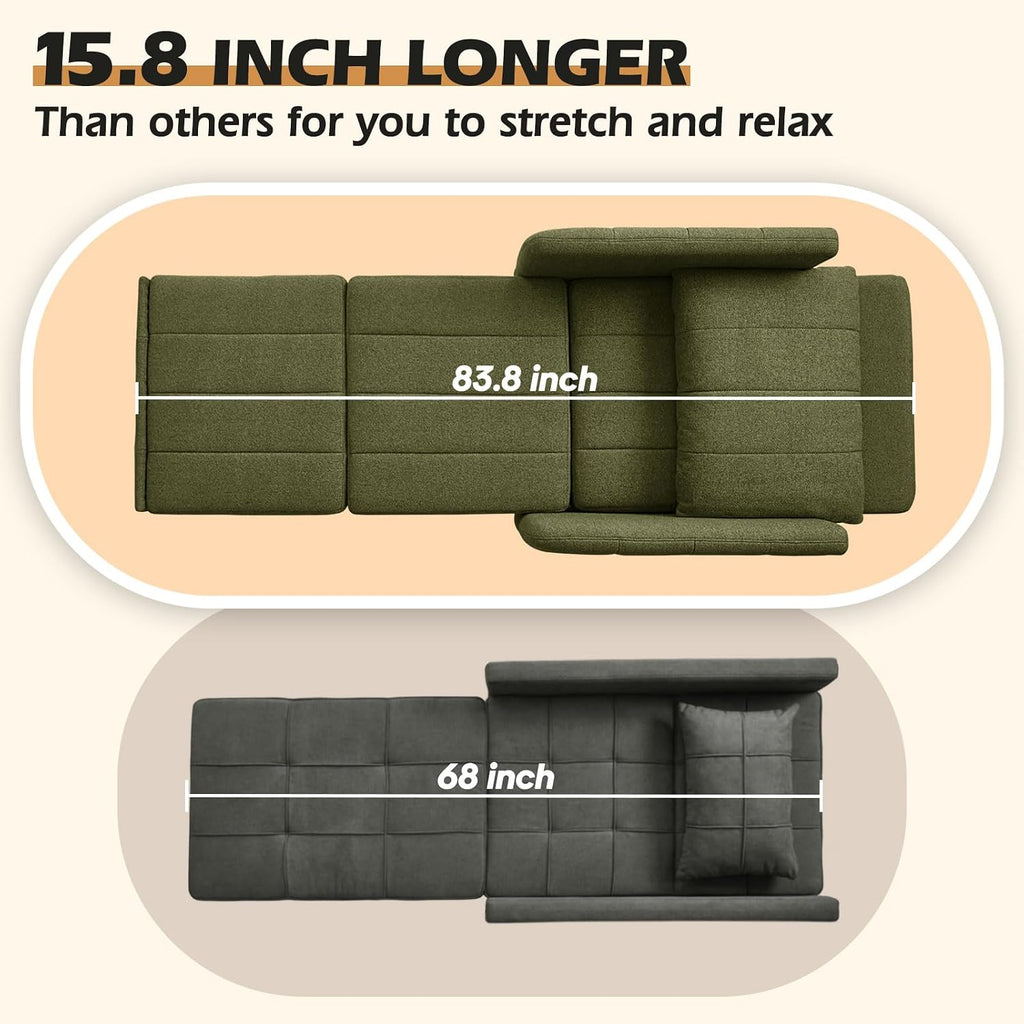 ZZW Sleeper Chair 84' Extra Long Convertible Chair Bed Upgraded 3-in-1 to 4-in-1 Pull Out Chair & Single Sofa Bed for Adult Sleeping Chair for Living Room Small Space (Modern Green)