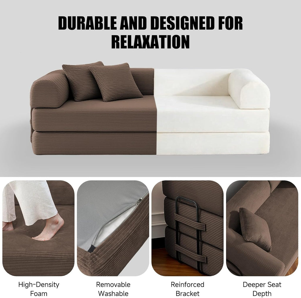 79' Compressed Sofa, Convertible Sofa Bed, Corduroy Compression Boneless Couch with Pillow, Comfy Modular Foldable Floor Sleeper Sofa for Bedroom, Living Room, Lounge, Studio (Brown)