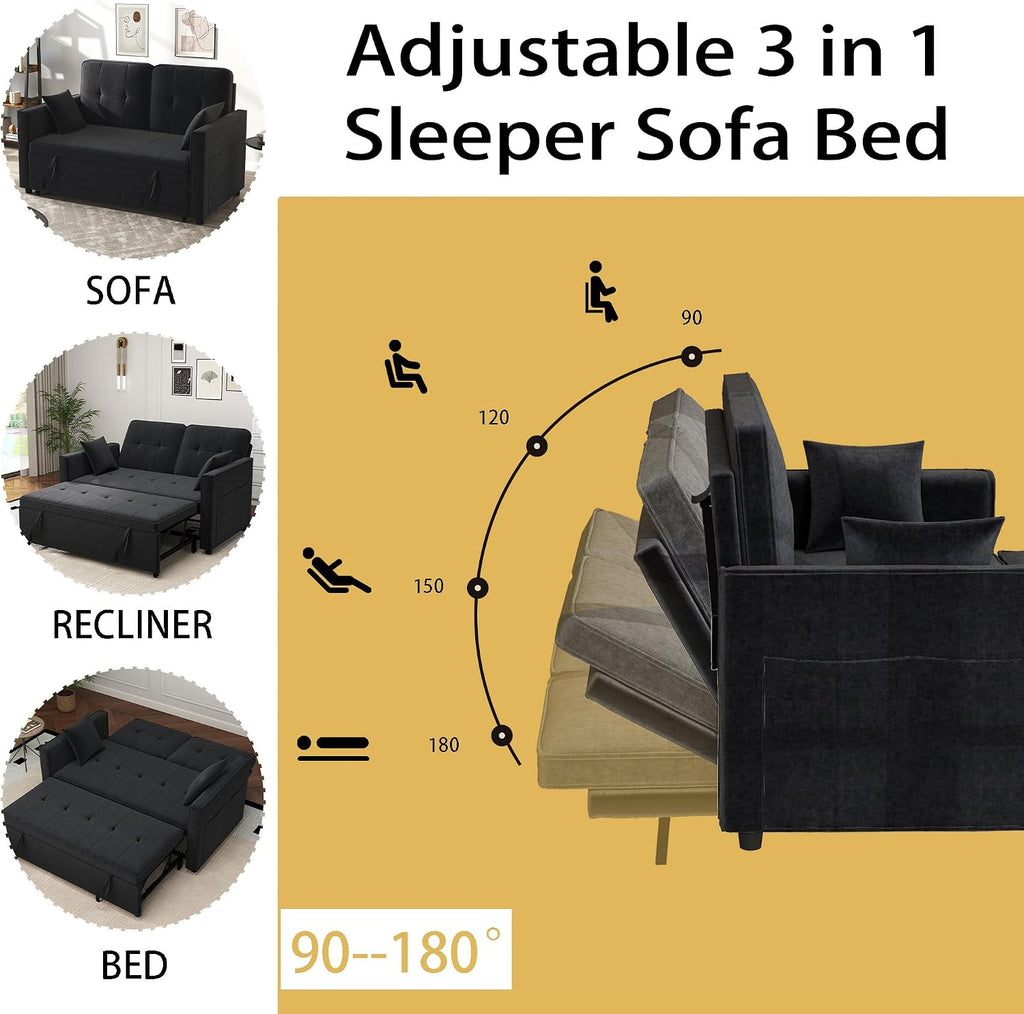 Black Convertible Sofa Bed: 3 in 1 Sleeper Sofa Couch Bed, Pull Out Couch with Adjustable Backrest, Velvet Convertible Loveseat Sleeper, for Living Room