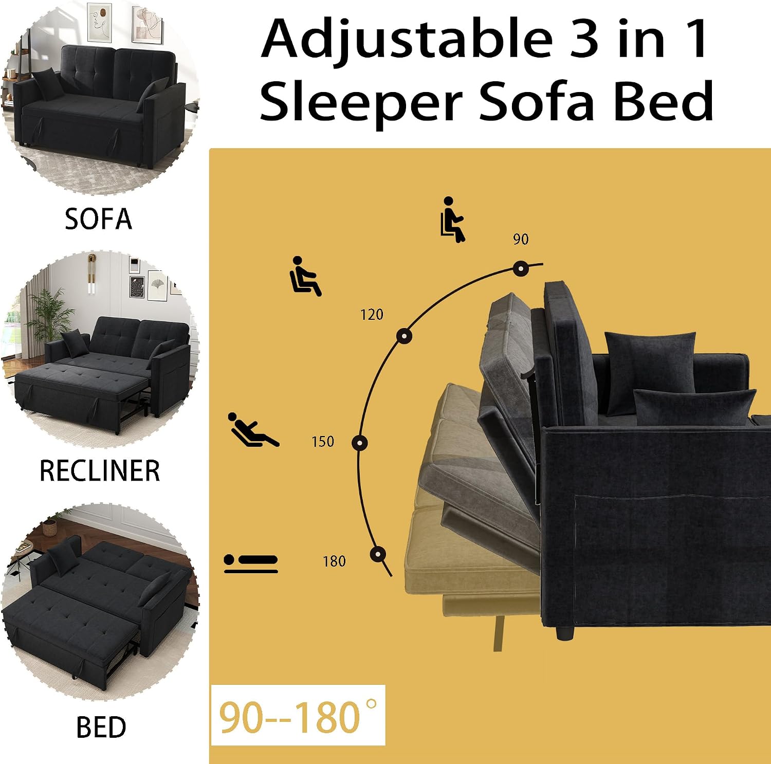 Black Convertible Sofa Bed: 3 in 1 Sleeper Sofa Couch Bed, Pull Out Couch with Adjustable Backrest, Velvet Convertible Loveseat Sleeper, for Living Room