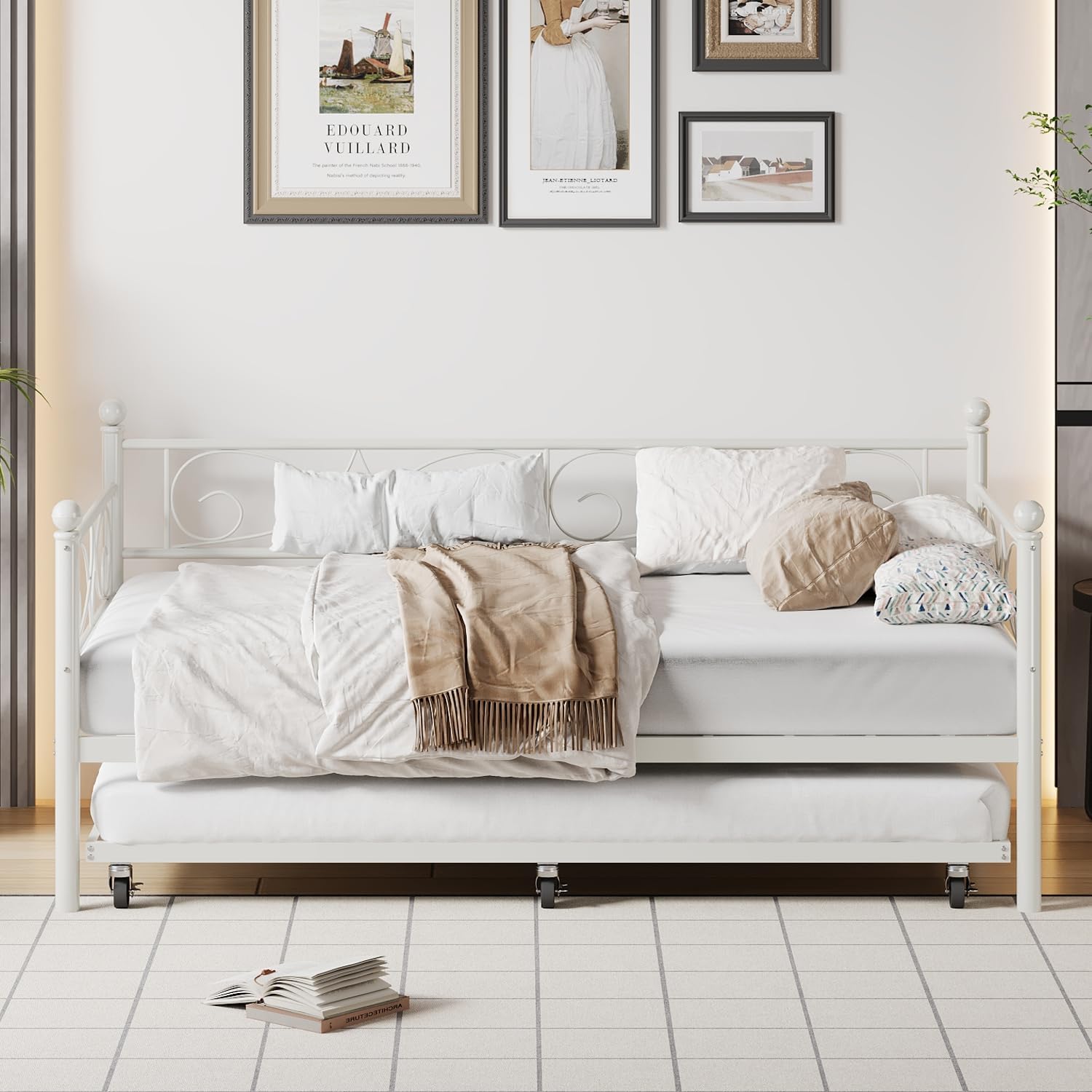IDEALHOUSE Twin Daybed with Trundle, Metal Trundle Bed, Sofa Bed Frame, Heavy Duty Metal Slats, for Living Room, Bedroom, Guest Room, Space Saving, Modern White