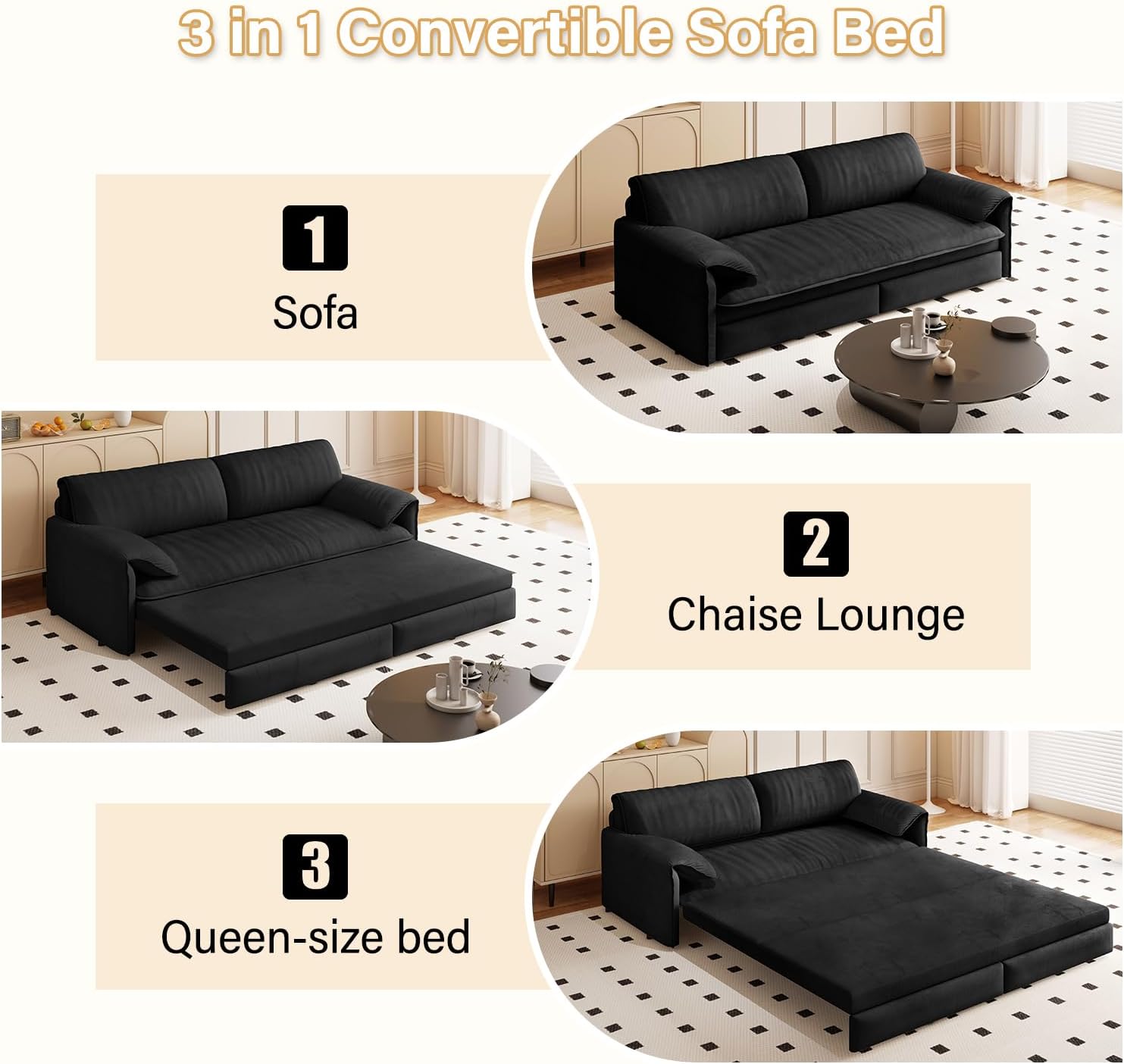 66' Sleeper Sofa Bed Queen Size, 3-in-1 Convertible Couch, Modern Pull Out Couches, Comfy Velvet Futon Sofa, Cloud Loveseat Lounge, Pillow Arm, for Small Spaces, Living Room, Apartment, Black