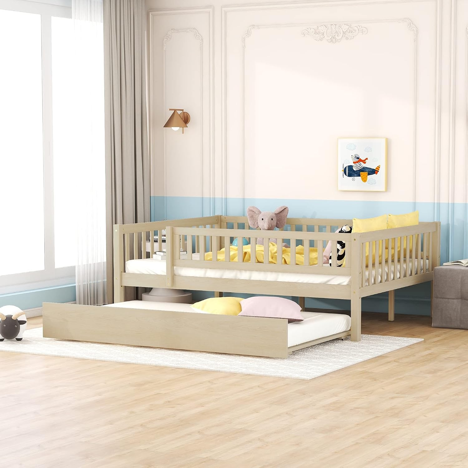 Montessori Bed Frame with Fence Railings and Trundle for Kids,Full Size Wood Low Platform Bed Frame with Full-Length Safety Guardrails for Boys Girls,No Box Spring Needed,Natural