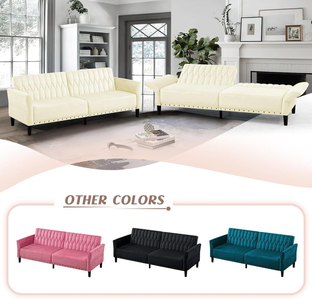 77' Velvet Sofa Bed with Adjustable Armrests and Backrests,Tufted Convertible Futon Couch with Nailhead Trim, Loveseat Modern Velvet Sleeper Sofa for Living Room,Bedroom,Office, Beige