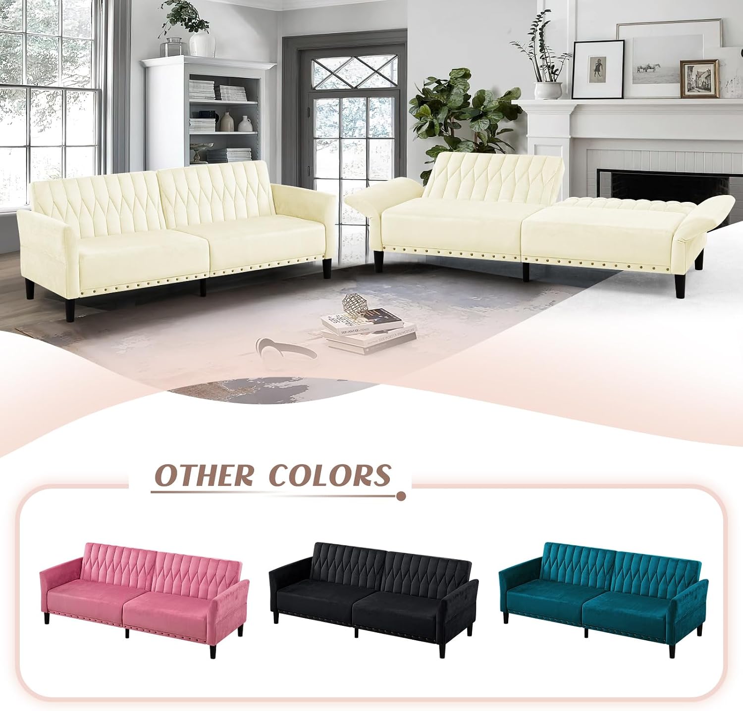 77' Velvet Sofa Bed with Adjustable Armrests and Backrests,Tufted Convertible Futon Couch with Nailhead Trim, Loveseat Modern Velvet Sleeper Sofa for Living Room,Bedroom,Office, Beige