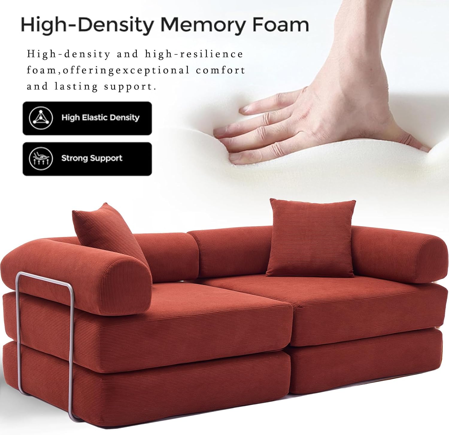 73' Convertible Modular Folding Sofa Bed, 5-in-1 DIY Combination Fold Out Sleeper Sofa Bed, Loveseat sleeper Couch with Removable Armrests, Corduroy Floor Couch, Small couches for small spaces, Red