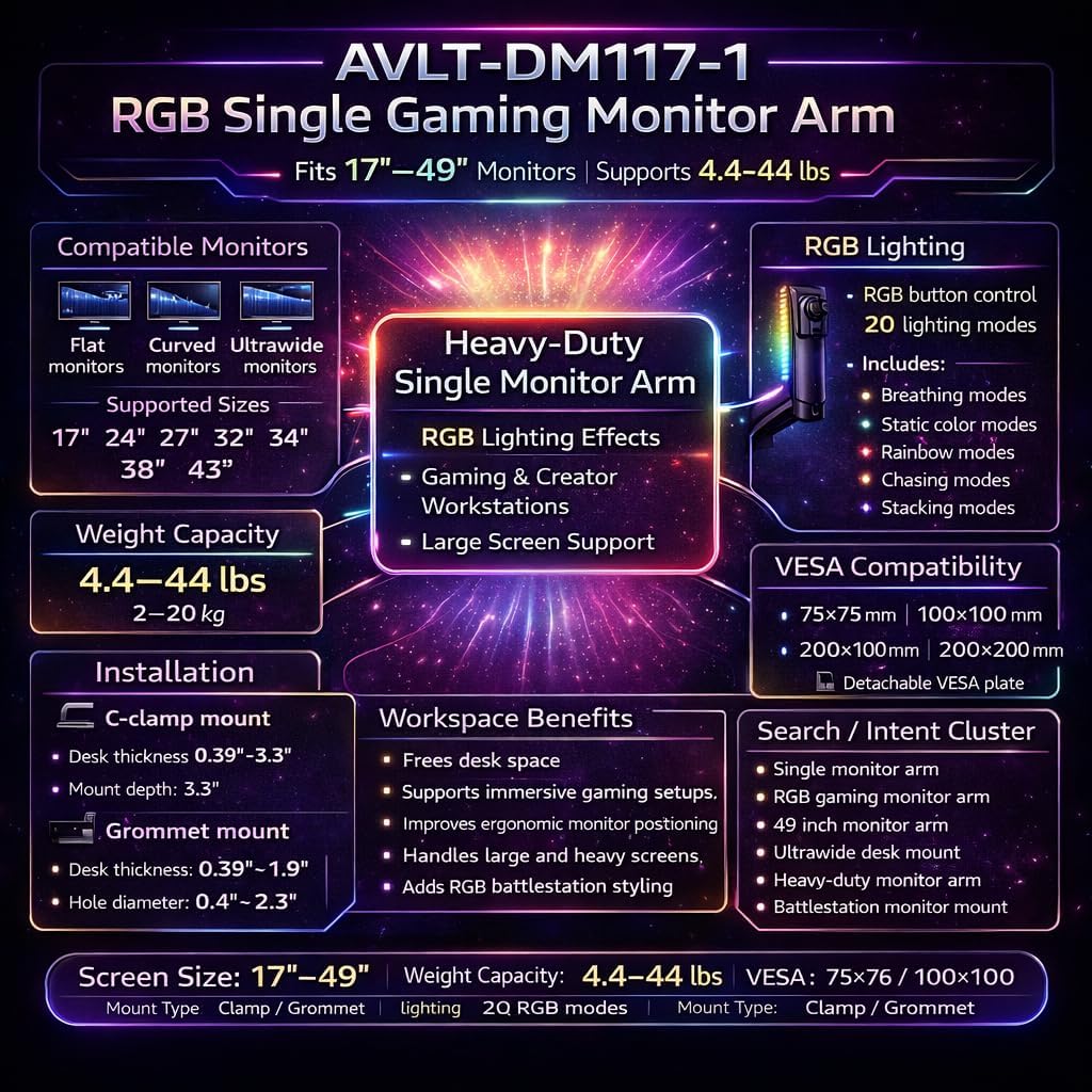 AVLT RGB Lights Single 17'-49' Gaming Monitor Arm Desk Mount, Fits One Flat/Curved/Ultrawide Screen up to 44lbs(20kg), Height Swivel Tilt Adjustable Stand - Black