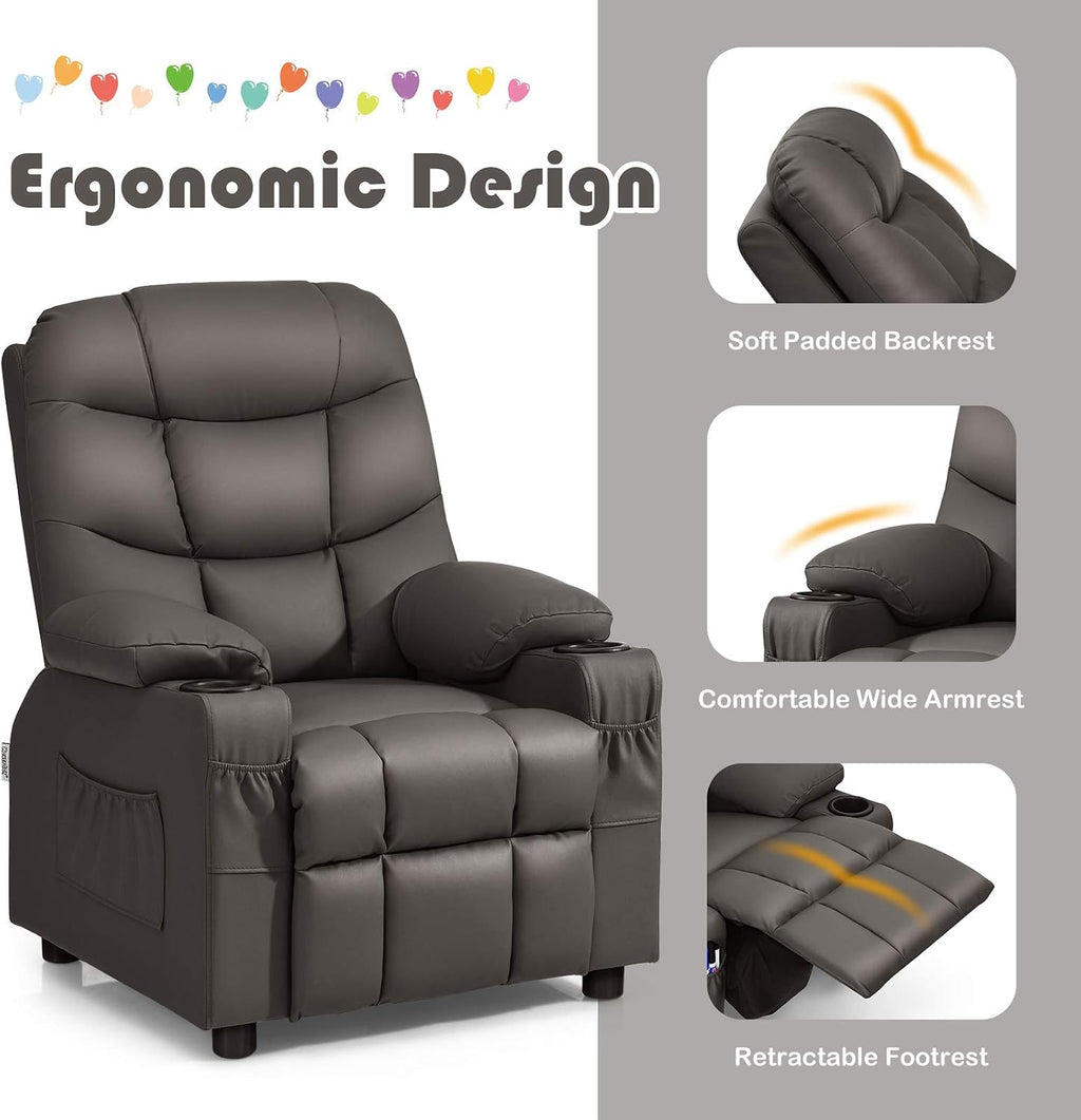 GLACER Kids Recliner Chair w/Cup Holder & Side Pockets, Children Recliner w/Comfortable Backrest, Armrests & Footrest, Toddler PU Leather Recliner for Boys Girls, 3+ Age Group (Brown)