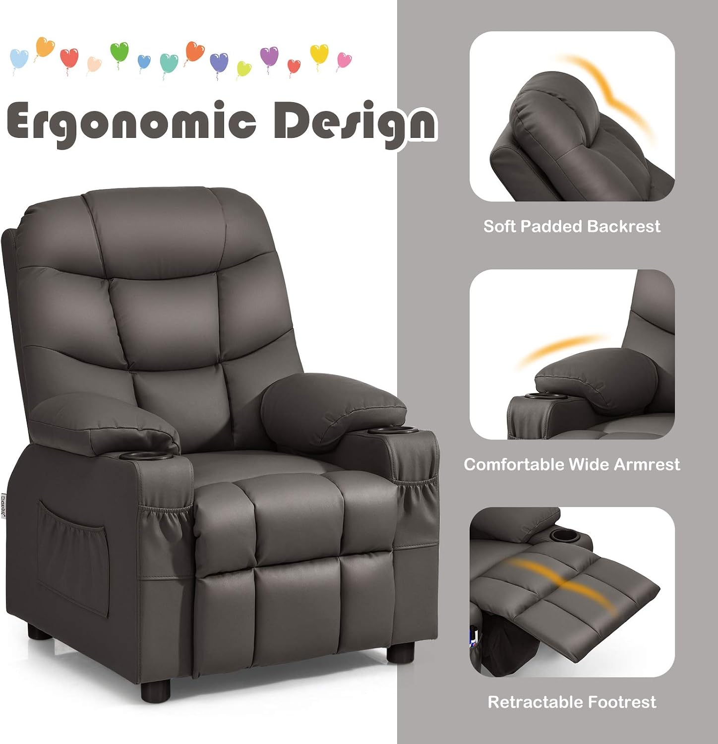 GLACER Kids Recliner Chair w/Cup Holder & Side Pockets, Children Recliner w/Comfortable Backrest, Armrests & Footrest, Toddler PU Leather Recliner for Boys Girls, 3+ Age Group (Brown)