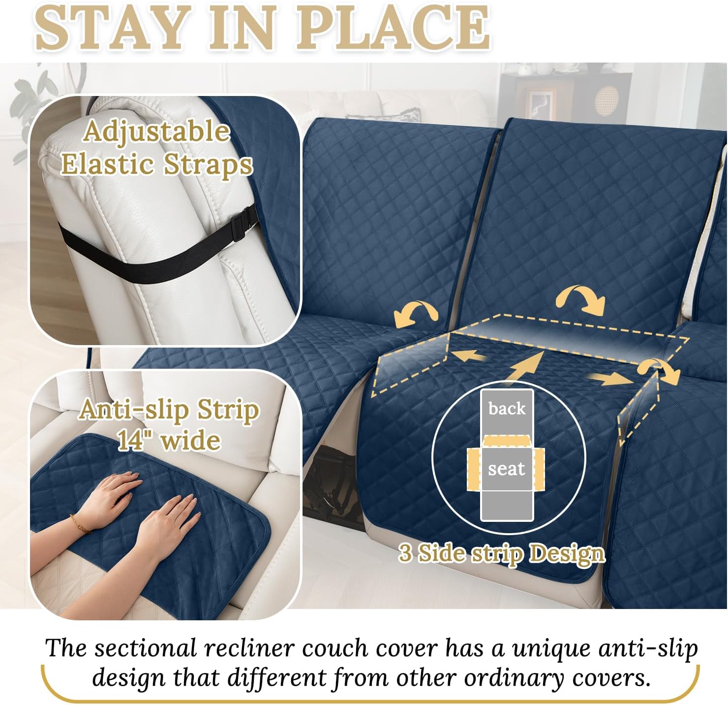 HDCAXKJ 100% Waterproof Velvet Recliner Sectional Couch Covers L Shaped Corner Reclining Sofa Cover Washable Thick Non Slip Sectional Slipcover with Pockets (5 Seat Recliner Couch, Dark Blue)