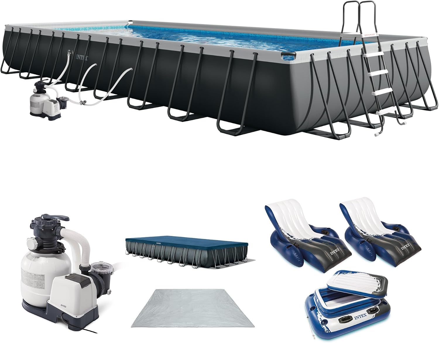 Intex 26373EH Ultra XTR 32ft x 16ft x 52in Above Ground Swimming Pool Set with Sand Filter Pump, Inflatable Lounge Pool Recliners (2-Pack) and Inflatable Cooler