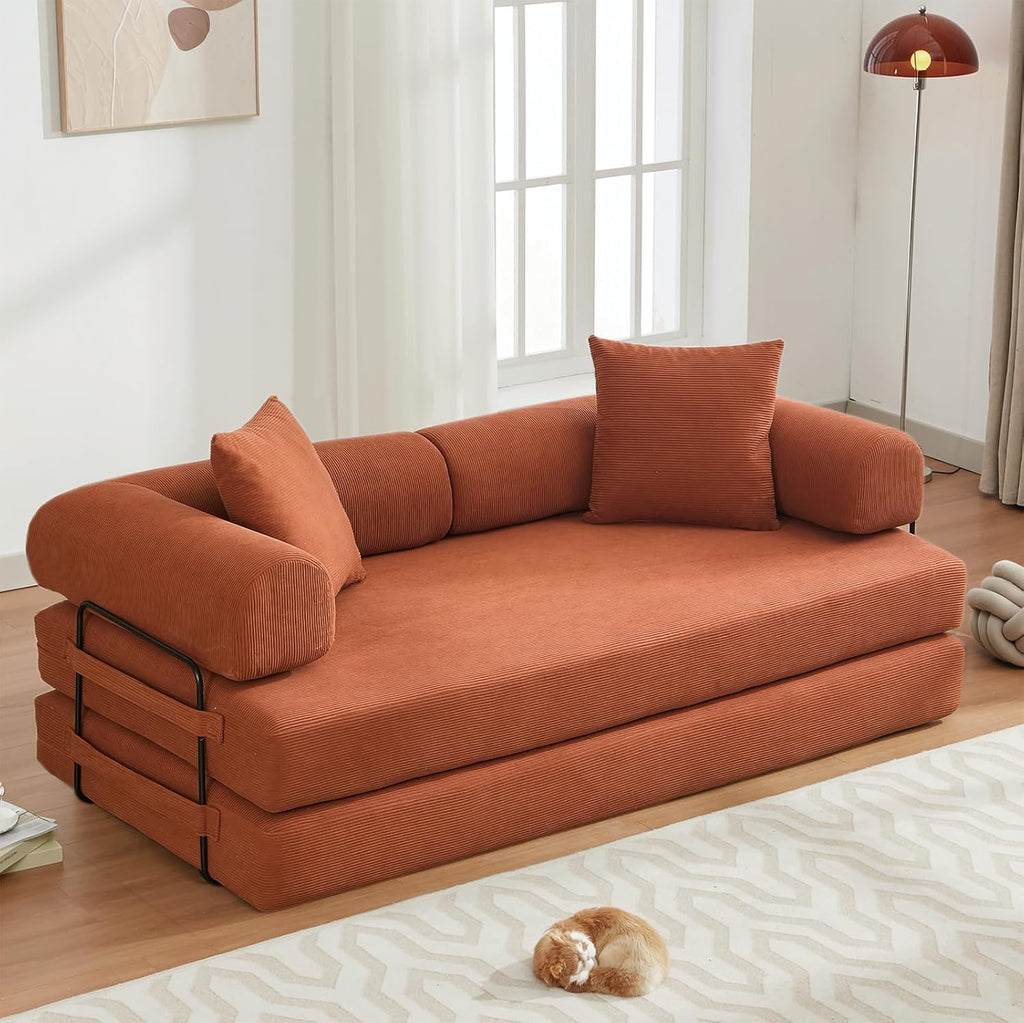Convertible Folding Sofa Bed, Modular Floor Sofa with Removable Backrest, 3-Seater Fold Out Couch Bed with Pillows, King Size Futon Lazy Couch Corduroy Sleeper for Living Room, Dorm, Orange