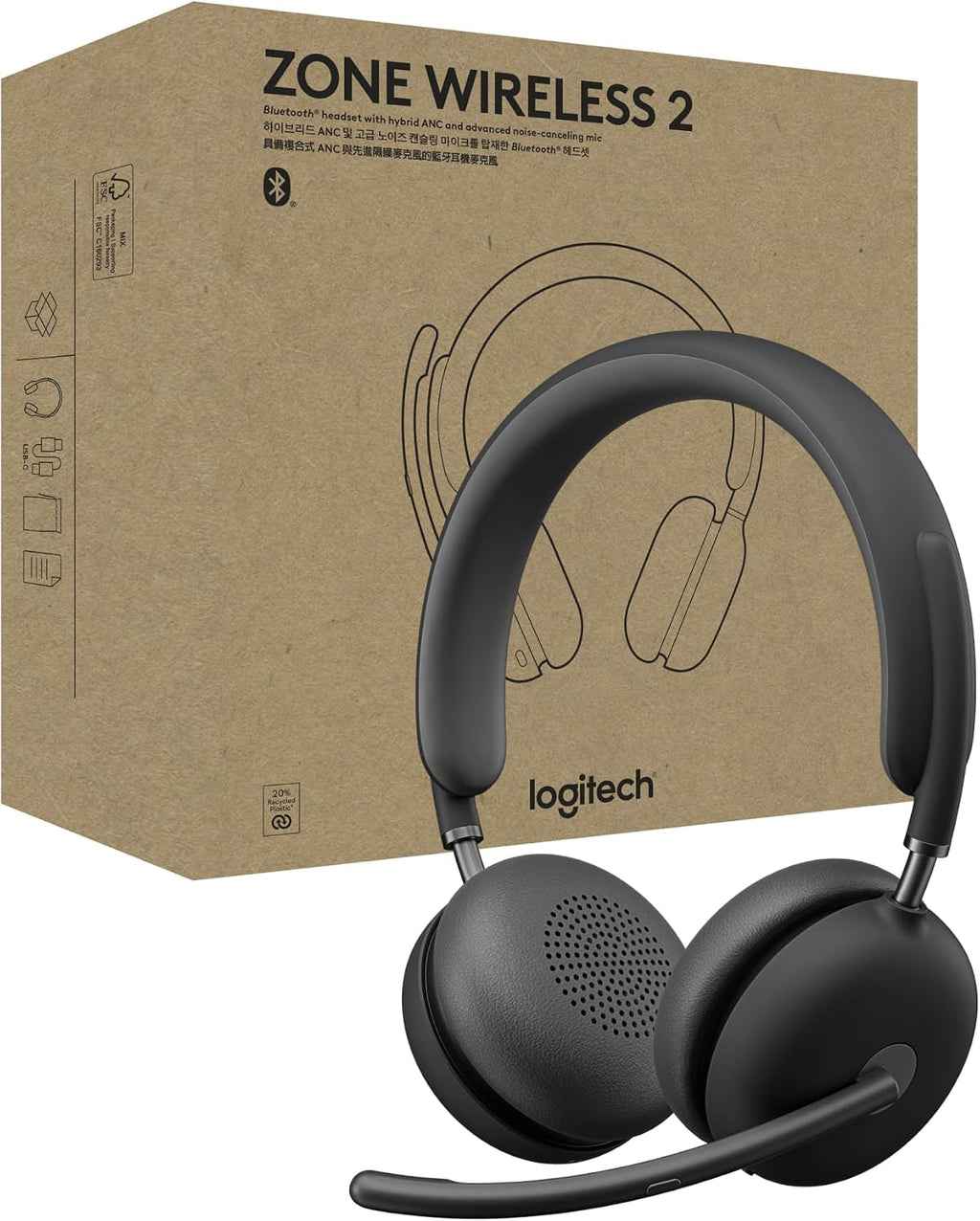 Logitech Zone Wireless 2 Premium Noise Canceling Headset with Hybrid ANC, Certified for Microsoft Teams Over Native Bluetooth and Fast Pair, Engineered for Intel Evo laptops, Graphite